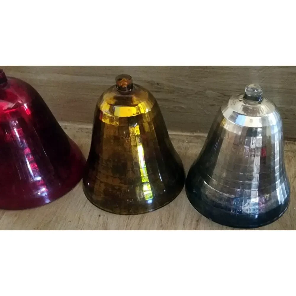 Christmas PLASTIC BELL Ornaments Silver Gold & Red Prism Pattern Lot Of 4